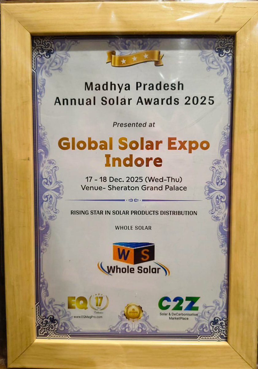 solar_whole's tweet image. 🏆 𝗛𝗼𝗻𝗼𝘂𝗿𝗲𝗱 𝘁𝗼 𝗕𝗲 𝗥𝗲𝗰𝗼𝗴𝗻𝗶𝘀𝗲𝗱

Proud to receive the Rising Star in Solar Products Distribution award at the MP Annual Solar Awards 2025, presented at the Global Solar Expo, Indore. 🌞

#WholeSolar #SolarAwards #GlobalSolarExpo #Indore