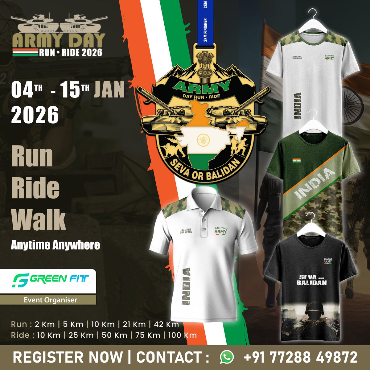 Join the virtual event 'Army Day Run - Ride 2026' to salute the bravery &amp; valour of our Indian Army and stand united in honouring our heroes. 

#IndianArmyDay #SalutingIndianArmy  

Date: 04 Jan - 15 Jan 2026

Register now: tinyurl.com/46f594d2

Call/WhatsApp: +91-77288 49872