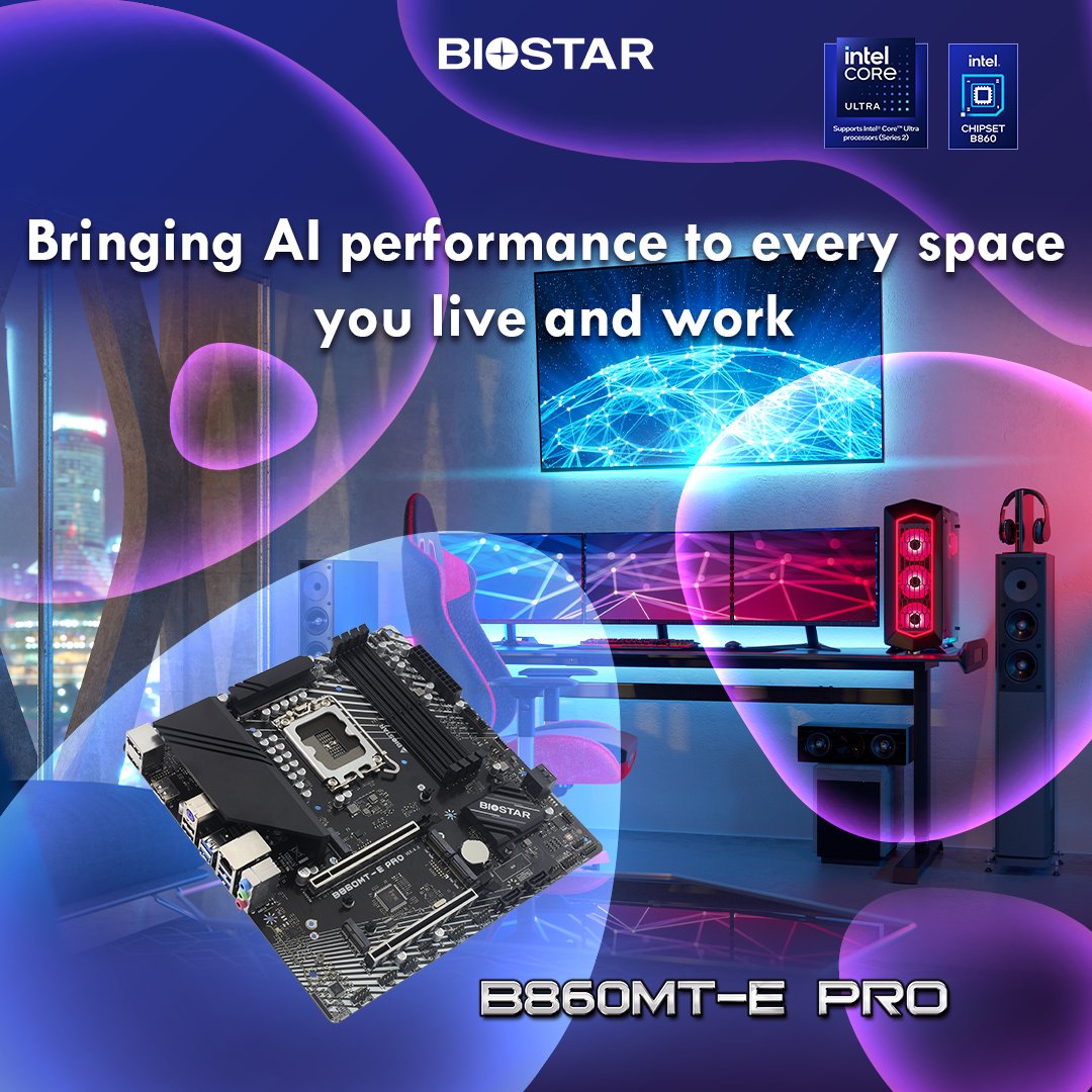 The B860MT-E PRO is built to support smarter, faster everyday computing, helping you work more efficiently, multitask smoothly, and enjoy a more responsive experience at home or in the office.

Know more:
biostar.com.tw/app/en/mb/intr…

#BIOSTAR #IntelCoreUltra #B860