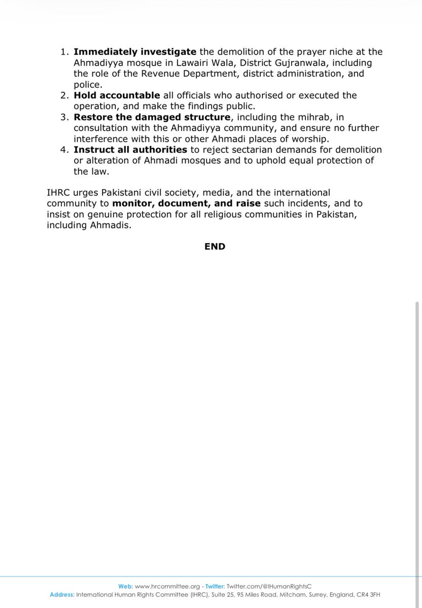 PRESS RELEASE

Prayer Niche of Ahmadiyya Mosque Destroyed by Revenue Department in Punjab