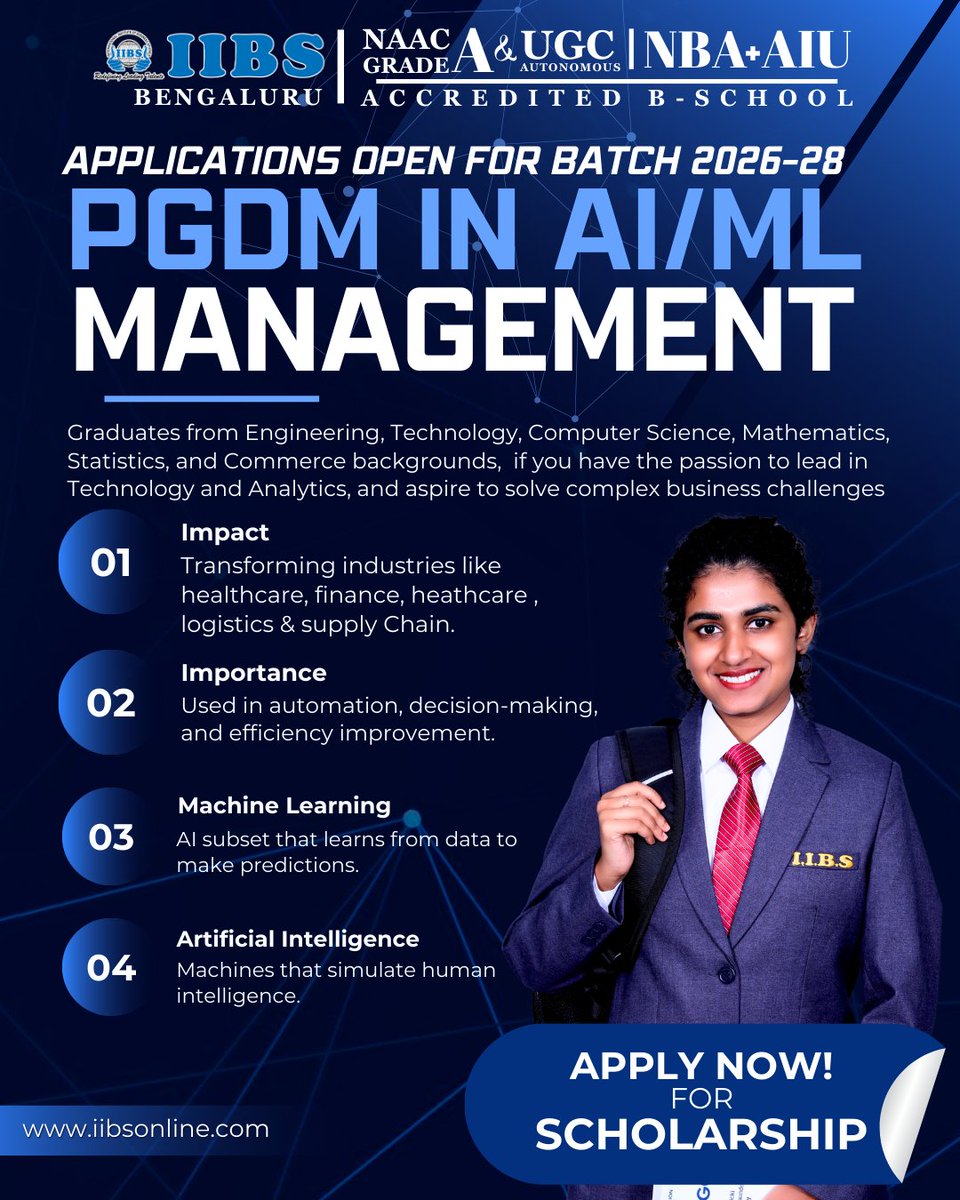 iibsonline's tweet photo. Applications Open | PGDM in AI/ML Management (Batch 2026–28

Ready to lead the future where Technology meets Management?

👉 Apply Now: https://t.co/YfrC9Zl5zj 

#FutureReadyLeaders #DataDriven #Leadership #DigitalTransformation #IIBSBengaluru #AdmissionsOpen #ApplyNow https://t.co/kNf1mXzsRb