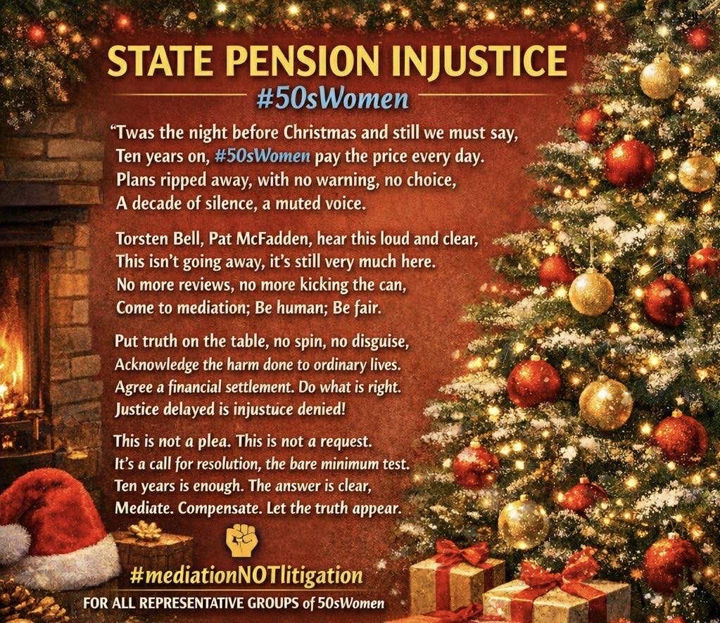50sWOWPembsCarm's tweet image. Nadolig Llawen a Blwyddyn Newydd Dda to all #50swomen #WASPI &amp;amp; let’s hope common sense &amp;amp; the law prevails in 2026 for #mediationNOTlitigation with @TorstenBell &amp;amp; Leaders of ALL relevant groups! @RLong_Bailey @patmcfaddenmp @premnsikka @DelythJewellAM @johnmcdonnellMP @IanByrneMP