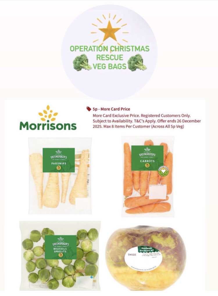 LadyChessington's tweet photo. Today is the day! 🥬🍠🥦🥕🎄

Supermarkets go to Christmas Veg War and I’ve just seen this post, Morrisons have EVEN cheaper veg than Lidl and Aldi…. ⬇️

🥕🥦🥬⭐️🐾

#OperationChristmasRescueVegBags #AnimalRescues #Rabbits #GuineaPigs #BrusselSprouts #Carrots #Parsnips #Swede https://t.co/WnsWbTghsk