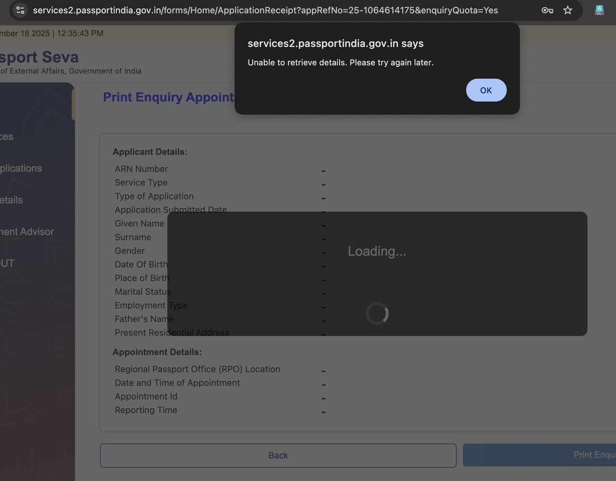 sun6174's tweet photo. Hi
@rpohyderabad
@MEAIndia
I've taken an appointment for 19th Dec, RPO Hyderabad.
But the "Appointment History" link is disabled and "Print Enquiry Appointment Receipt" not working.
Haven't received SMS or Email.
Tom, I've appointment. Please check. https://t.co/7uW24QJoSl