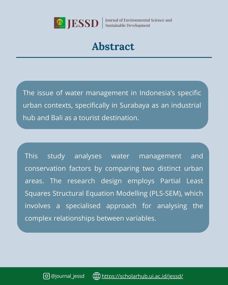 JournalJESSD's tweet image. HOW SOCIAL, BEHAVIORAL, AND POLICY FACTORS IMPACT WATER
SATISFACTION AND MANAGEMENT IN URBAN AREAS

This study analyses water management and conservation factors by comparing two distinct urban areas. 

#JESSD #EnvironmentalScience #Research