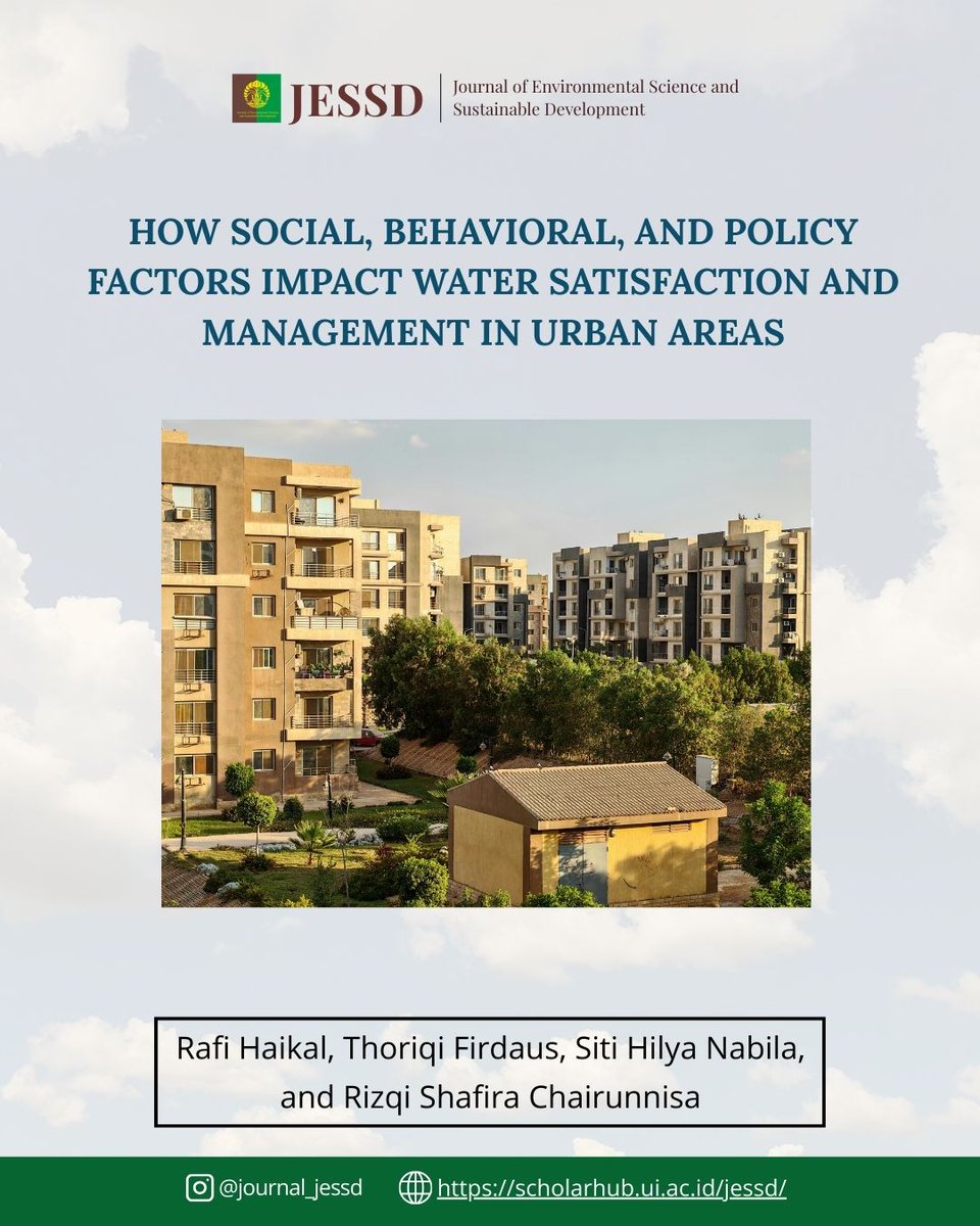 JournalJESSD's tweet image. HOW SOCIAL, BEHAVIORAL, AND POLICY FACTORS IMPACT WATER
SATISFACTION AND MANAGEMENT IN URBAN AREAS

This study analyses water management and conservation factors by comparing two distinct urban areas. 

#JESSD #EnvironmentalScience #Research
