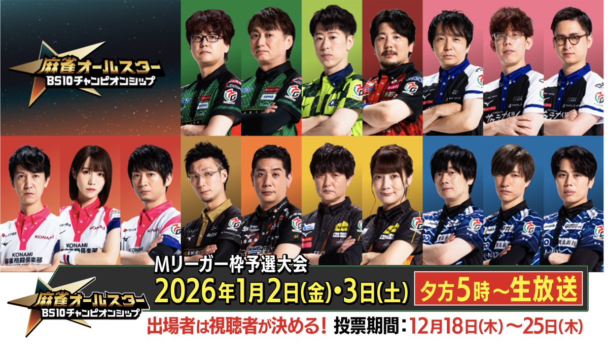 2026年も生放送で開催決定📣
そこで本戦出場枠をかけたMリーガー予選大会を放送🀄️
公式ページから出場してほしい選手を投票してください。 
皆様からの熱い応援をお待ちしています🙇
bs10.jp/championship/
※佐々木寿人選手は2025大会優勝者のため除外します