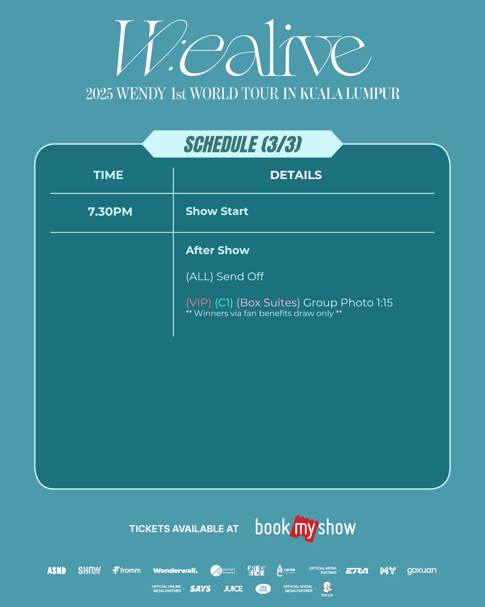 2025 WENDY 1st WORLD TOUR <W:EALIVE> IN KUALA LUMPUR

Don't let an 𝙀𝙭𝙞𝙨𝙩𝙚𝙣𝙩𝙞𝙖𝙡 𝘾𝙧𝙞𝙨𝙞𝙨 sneak up on you!! Be sure to read the event guide before the show to ensure a smooth WE:ALIVE concert experience! ٩(^ᗜ^ )و ´-

2025 WENDY 1st WORLD TOUR <W:EALIVE> IN KUALA