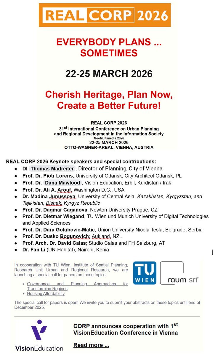 manfred_schrenk's tweet photo. Happy to report that the Call for Papers for REAL CORP 2026 was very successful and we are in the abstract-review- and selection process.
Here is an overview of keynote speakers and "contributors with special topics",
WE ARE HAPPY and PROUD WITH IT!
#urbanplaning #realcorp https://t.co/ZSqjcY0sVw