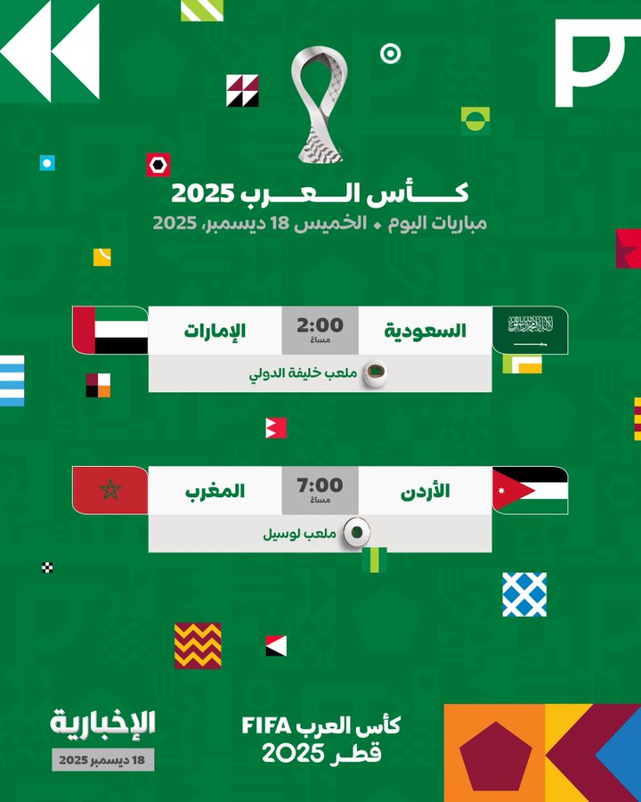 اليوم الختامي لبطولة كأس العرب2025. تحديد المركز الثالث السعودية الإمارات 2:00 ظهرًا. المباراة النهائية الأردن المغرب 7:00 مساءً 