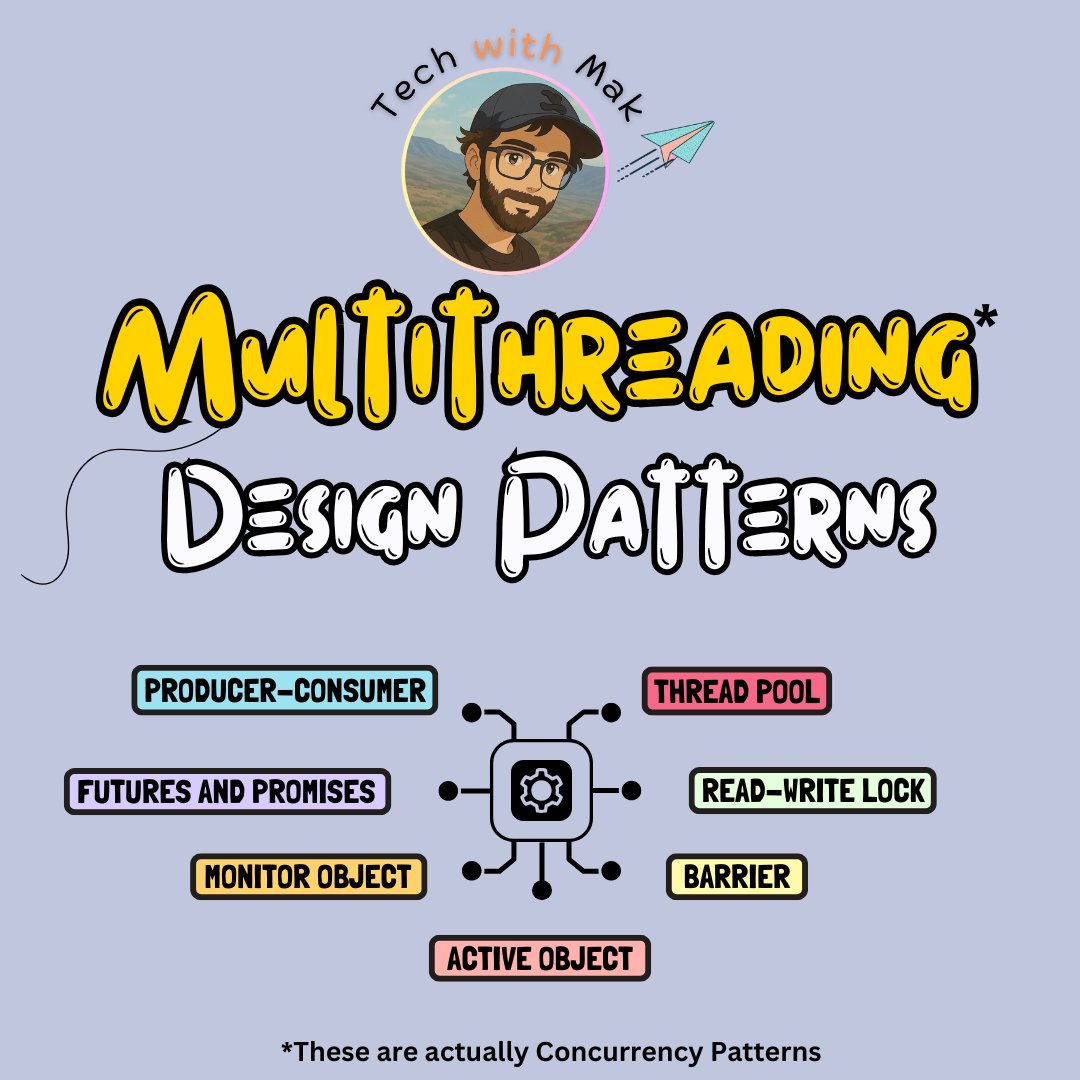 techNmak's tweet image. 7 Multithreading Design Patterns

Multithreading is a computational model that enables a single program (process) to execute multiple tasks concurrently.

These tasks are called threads, lightweight units of execution that share the same process resources (memory space, open…