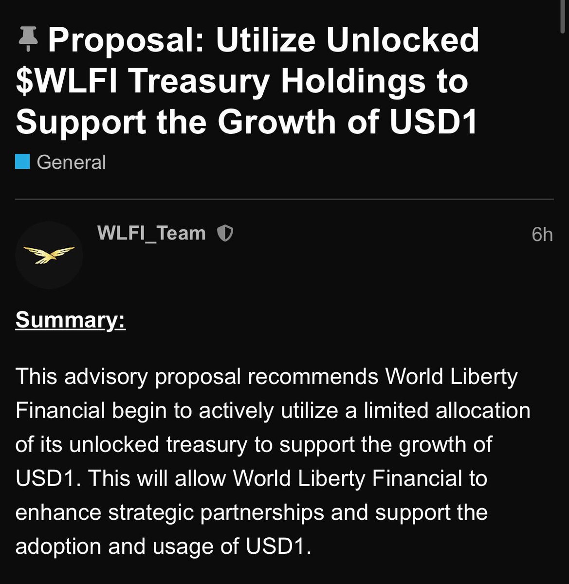 LATEST: World Liberty Financial community proposes using a portion of  unlocked $WLFI treasury as incentives to accelerate $USD1 stablecoin  adoption.