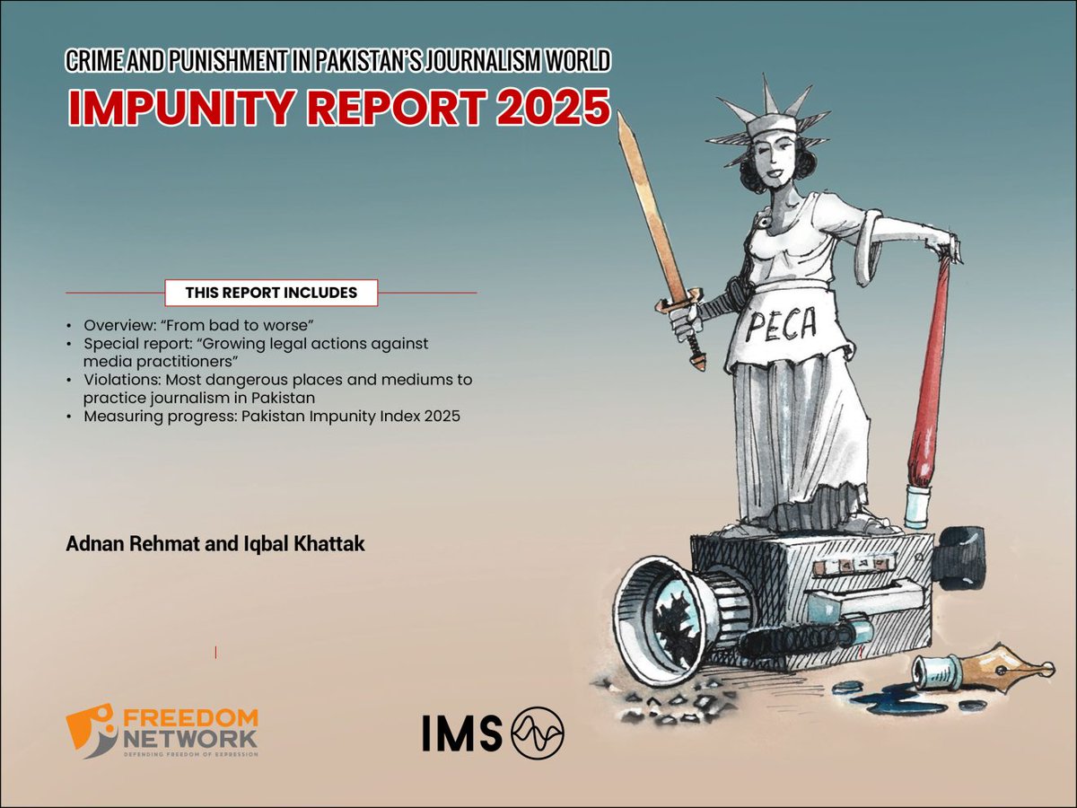 Haim_Sultan0's tweet image. Attacks on journalists in Pakistan cut across platforms, TV (37%), print (28%), and digital (23%) journalists faced the brunt between Nov 2024 – Sept 2025.
Read more in Freedom Network’s Impunity Report 2025:
fnpk.org/from-bad-to-wo…
#mediasafety #endimpunit #FreedomNetwork