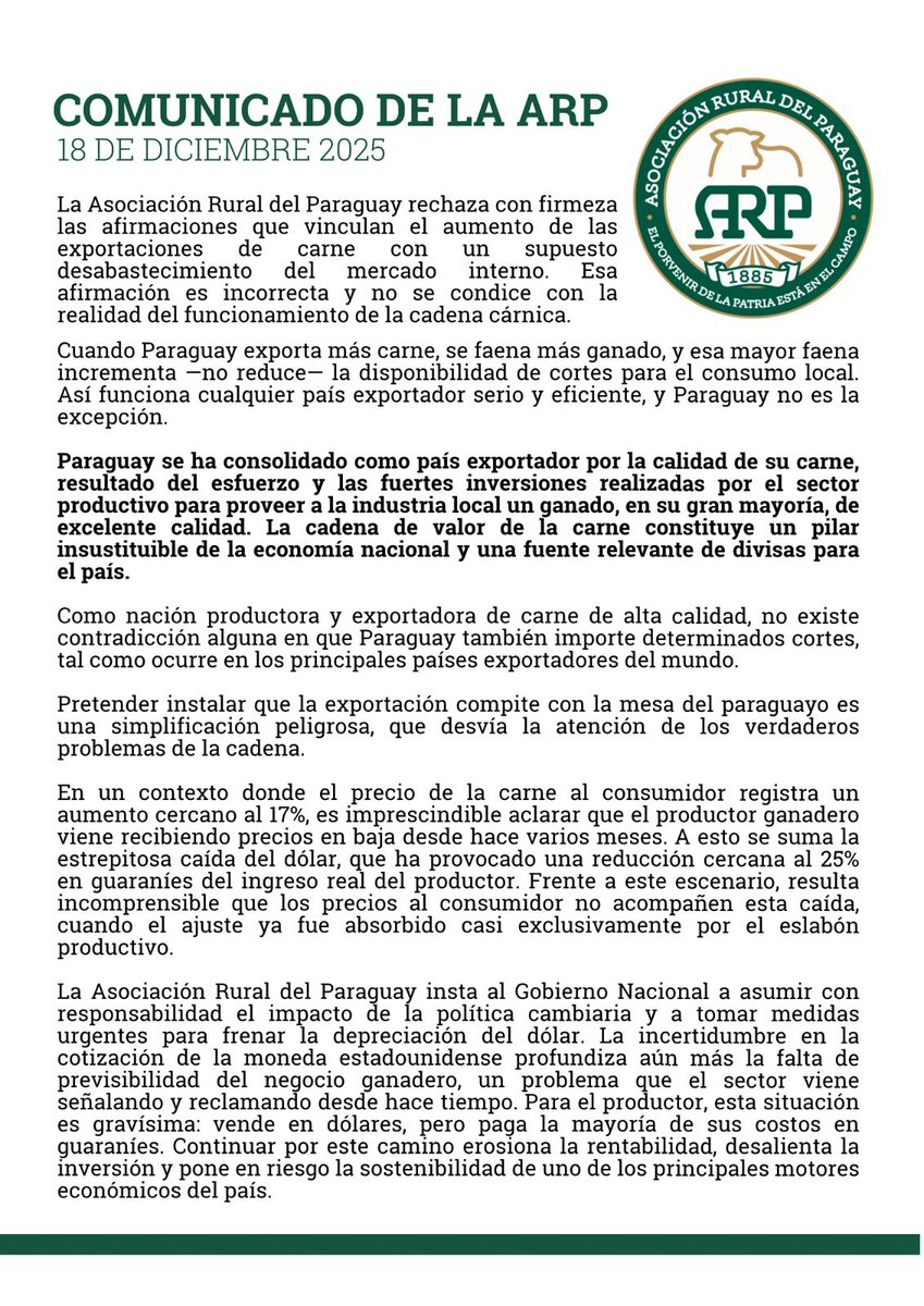 arp_py's tweet image. COMUNICADO DE LA ASOCIACIÓN RURAL DEL PARAGUAY (ARP)