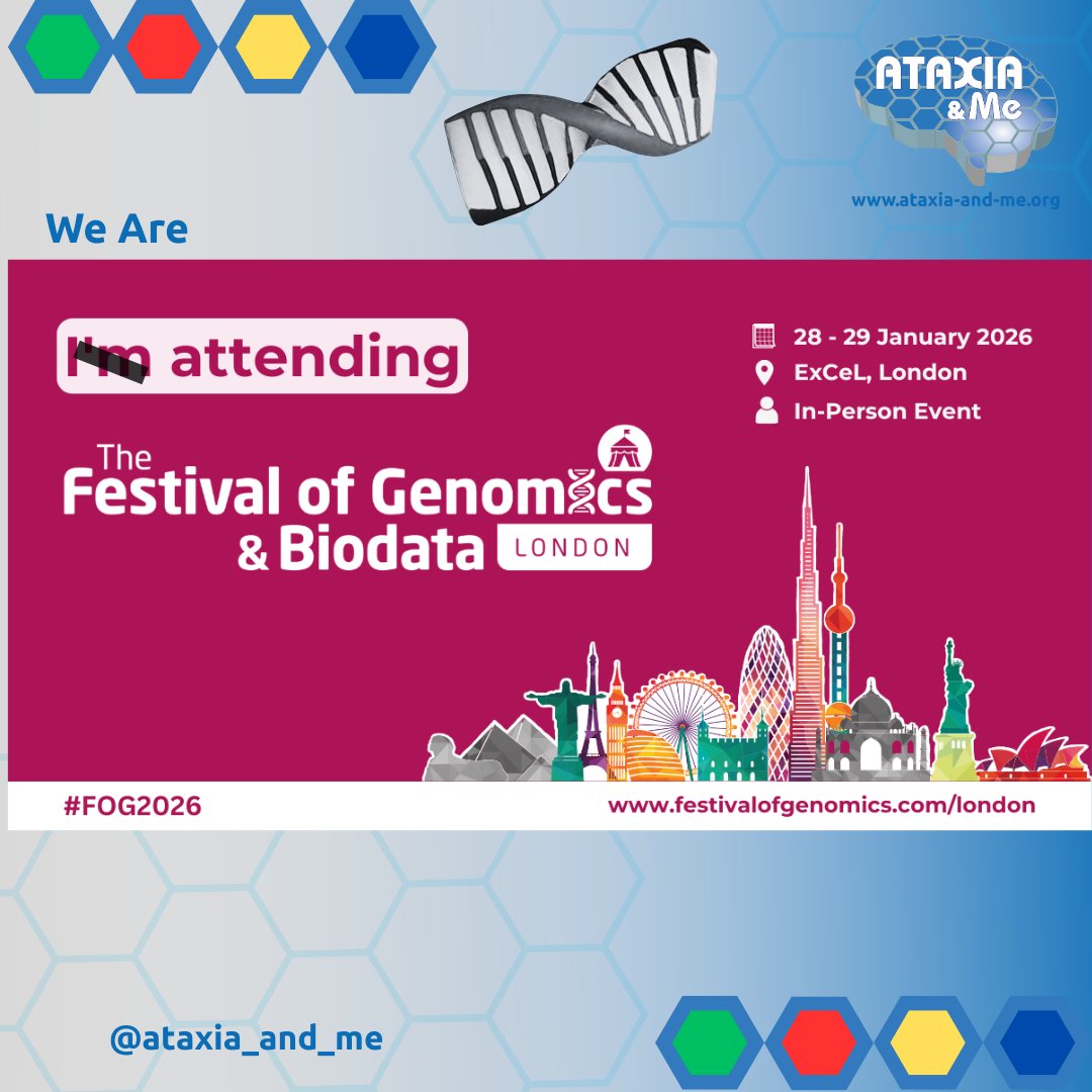 Ataxia_and_Me's tweet image. @FibroFlutters and @Ataxia_and_me
will be attending The Festival of Genomics &amp;amp; Biodata in #London, 28-29 January, you can find the entire #genomics ecosystem under one roof.  
Register here:  hubs.ly/Q03NFflh0

#FOG2026 
@FoGenomics @FLGenomics
#Genetics #RareDisease
