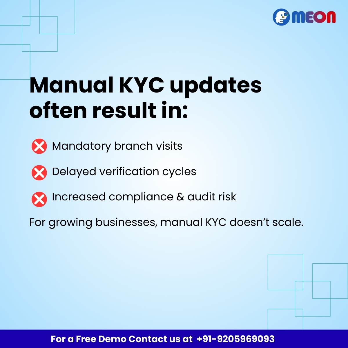 MeonTechnologi2's tweet photo. As per RBI guidelines, keeping KYC updated is essential for uninterrupted banking services.
For banks, NBFCs & fintechs, this also means ensuring
✔ faster onboarding
✔ zero compliance gaps
✔ better customer experience
Compliance made simple.
#RBI #KYCCompliance #DigitalKYC https://t.co/6mVWP9UPfJ