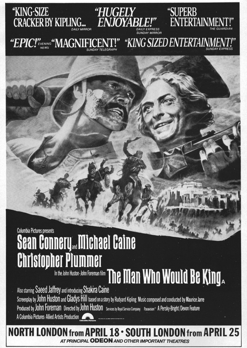On this day December 18th, 1975, the Royal European Premiere of THE MAN WHO WOULD BE KING was held in London at the Odeon, Leicester Square, before opening to the public the day after.
It would be another 5 months until it would go on its regional run..