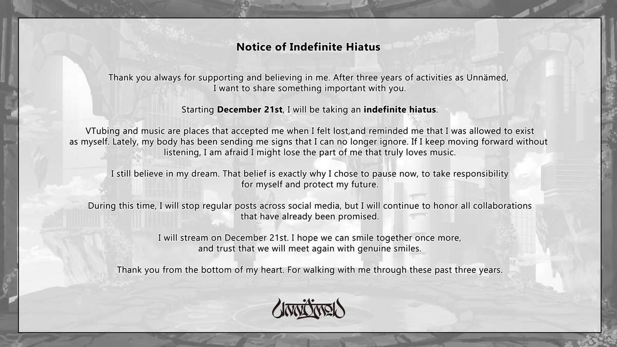 unnamednow00's tweet image. Notice of Indefinite Hiatus

Details will be shared on stream.