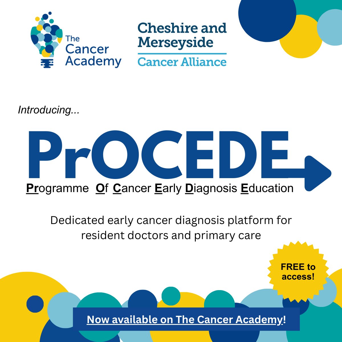 We’re launching PrOCEDE – the Programme Of Cancer Early Diagnosis Education - a dynamic learning hub by clinicians for clinicians. 
For resident doctors, educators and primary care clinicians, PrOCEDE gives fast access to trusted cancer education.
See canceracademy.nhs.uk/primary-care/p…