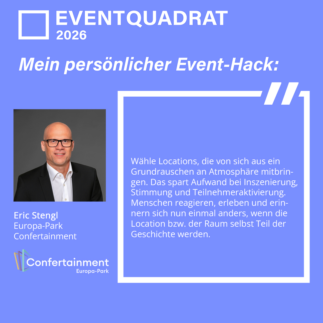 EVENTQUADRAT 2026 | Wir stellen Dir die teilnehmenden Anbieter vor

Eric Stengl | Europa-Park Confertainment

Hier geht's zur Anmeldung für Planer:
eventquadrat.de 

#EventHacks #EventProfs #mice #legacy #wandel #transformation #eventbranche #Kongressmanagement #EQ26