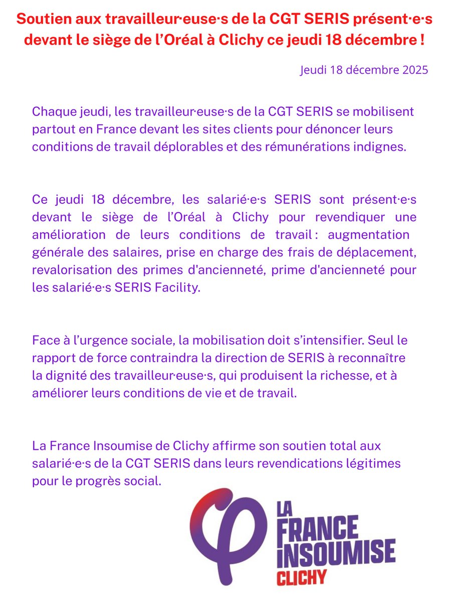 ClichyInsoumise's tweet image. Total soutien aux travailleur.euse.s de la CGT SERIS qui se mobilisent devant le siège de L’Oréal à Clichy, afin de revendiquer une amélioration leur conditions de travail et de vie ✊