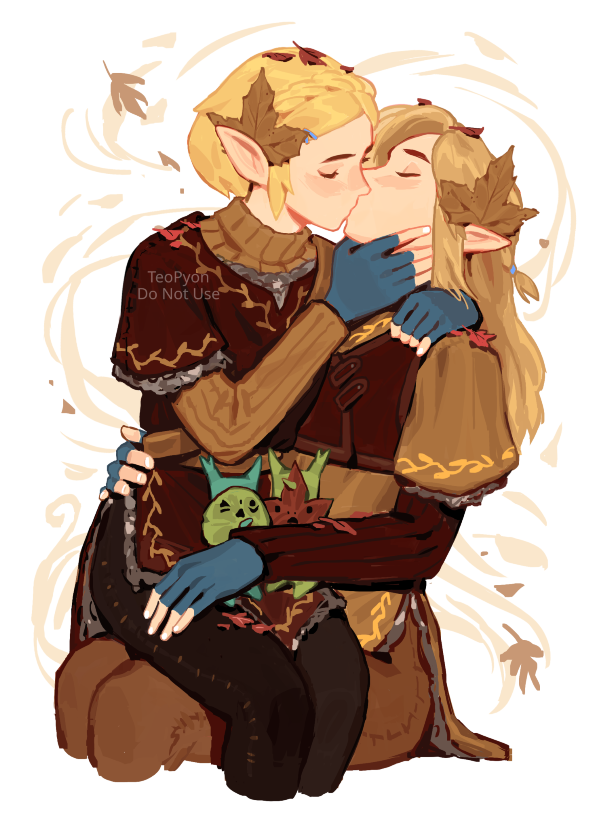 PyonTeo's tweet photo. (art collab with @isa_for_you !) The theme was "autumn" and we had to come up with costume ideas for our fave ships! I had lots of fun exploring these ideas with her and she also made a FAN-TA-STIC fanart for the final choice we picked together for Zelink(see second image)!🥹💘💘 https://t.co/MxTR72Xt8Y