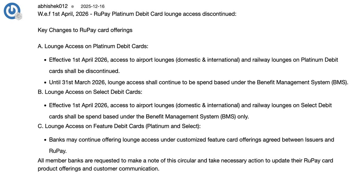 desi_dime's tweet image. W.e.f 1st April, 2026 - RuPay Platinum Debit Card lounge access discontinued

Discussion link - ddime.in/hkia

#ccgeeks #rupay #creditcard #visa #mastercards #bhimupi
