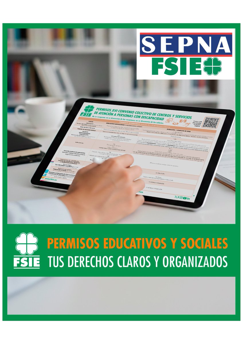 ¿Conoces tus permisos laborales?
FSIE publica las tablas de permisos actualizadas de los principales convenios educativos.
Concertada, privada, infantil, discapacidad y más.
👉 Información clara, comparada y útil.

🔗 Disponible en nuestra web :
l1nq.com/mMDBz