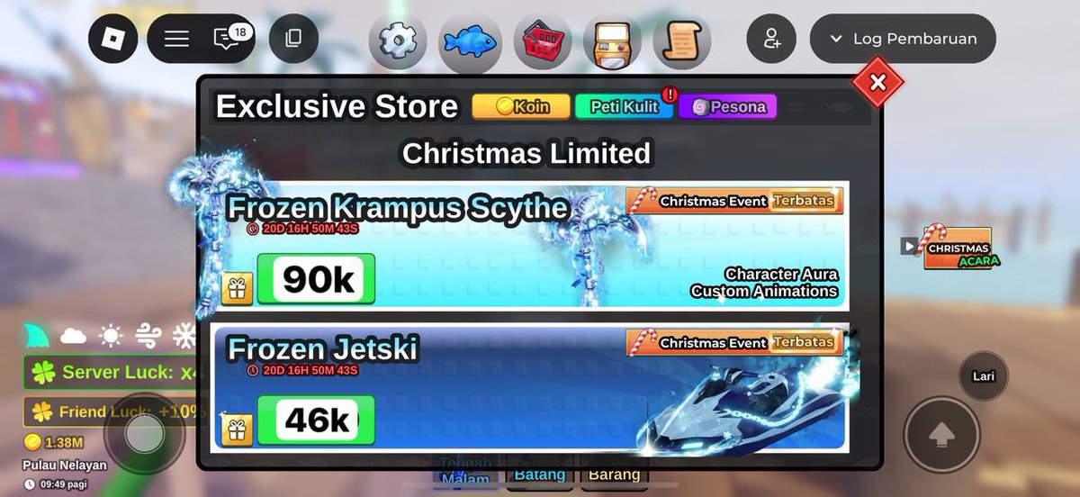 anttik's tweet photo. 🎄open gig fish it skin christmas 🎄

frozen krampus : 90k
frozen jetski : 46k
christmas crate : 26k (1), 125k (5)
gig lain bisaa, rate 100r yaa!

order? bisa langsung wea link di bio yaa 🤍
t. gift in game update terbaru special [#zonauang] https://t.co/z8bm9UywLm