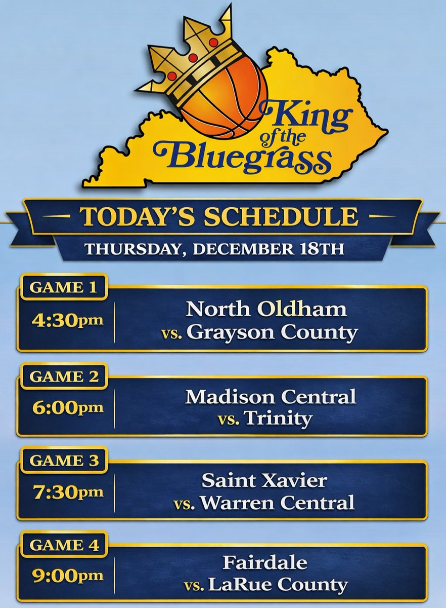 KingofBluegrass's tweet image. 🏀🔥 GAME DAY IS HERE! 🔥🏀

We tip off the 44th Annual Gardner Law King of the Bluegrass Holiday Classic today at Fairdale High School! Big matchups, great atmosphere, and Kentucky high school basketball at its finest. Let’s go! 👑🏀 #hsbasketball #prepsports #KOB2025