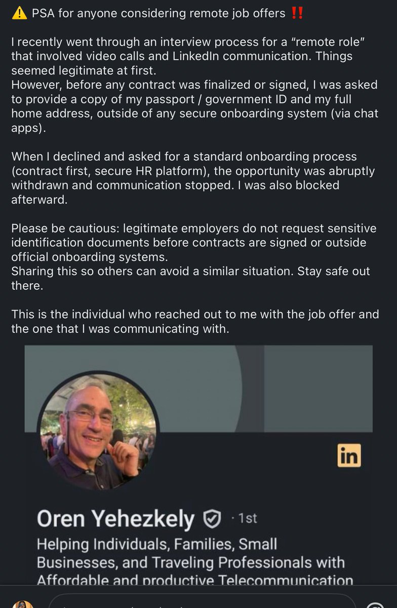 commonerr's tweet image. Read this if you apply for remote jobs online.

A lot of people in the name of recruiters out here are going to steal your information if you’re not vigilant. No recruiter should request for sensitive information from you if you’ve not been onboarded properly.