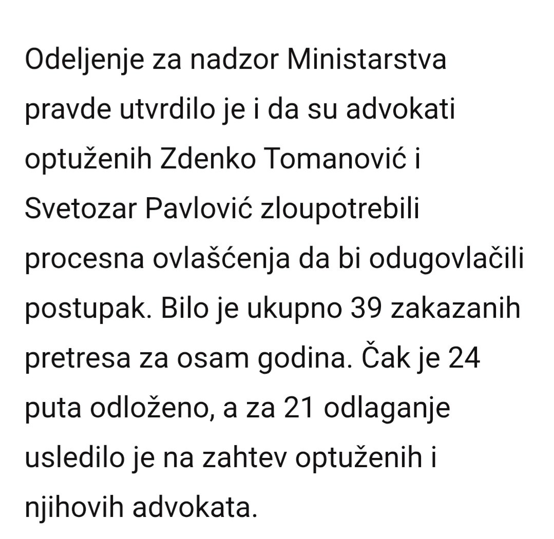 Vuk Cvijić i njegivo istraživanje o zastarevanju suđenja Peconiju (kome je advokat bio Zdenko Tomanović).
Sudija je bila Snežana Petričević koja je pre neki dan oslobodila Ivana Ivanovića <a href="/veceivan/">Ivan Ivanović</a>. Nisi svi novinari progonjeni, neki su iznad zakona.