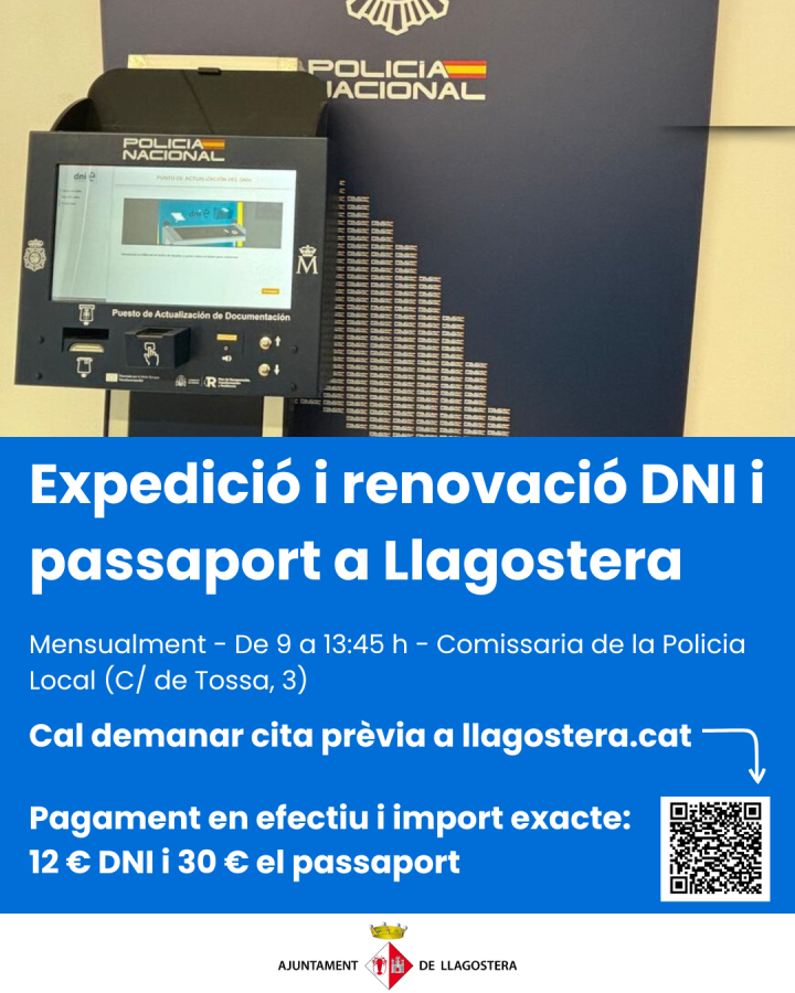 📣El vehicle mòbil de la Policia Nacional, conegut com a VIDOC, tornarà a fer parada a Llagostera per facilitar els tràmits d’expedició i renovació del DNI i del passaport. 👮🏼‍♂️

📆 15 de gener i 12 de febrer

📲 Ja podeu demanar cita prèvia a través de calendly.com/llagostera