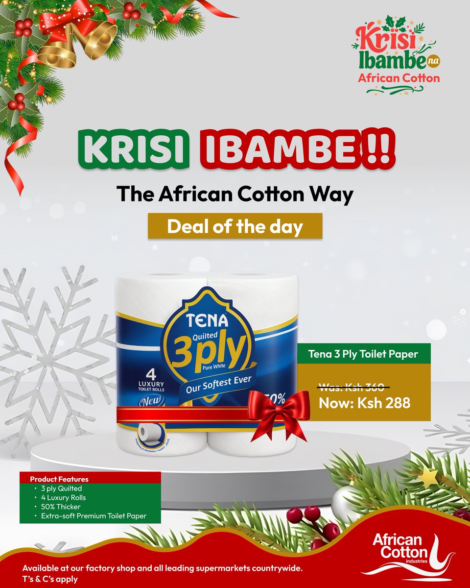 ACIL_ke's tweet photo. Luxury meets comfort! Enjoy the ultra-soft goodness of Tena 3-ply quilted rolls — now only Ksh 288 for a pack of 4. Available at our factory shop and leading supermarkets nationwide.
Krisi ibambe na African Cotton. Tender care you can feel.
#africancotton #tenatissue https://t.co/YwO2EmdmRE