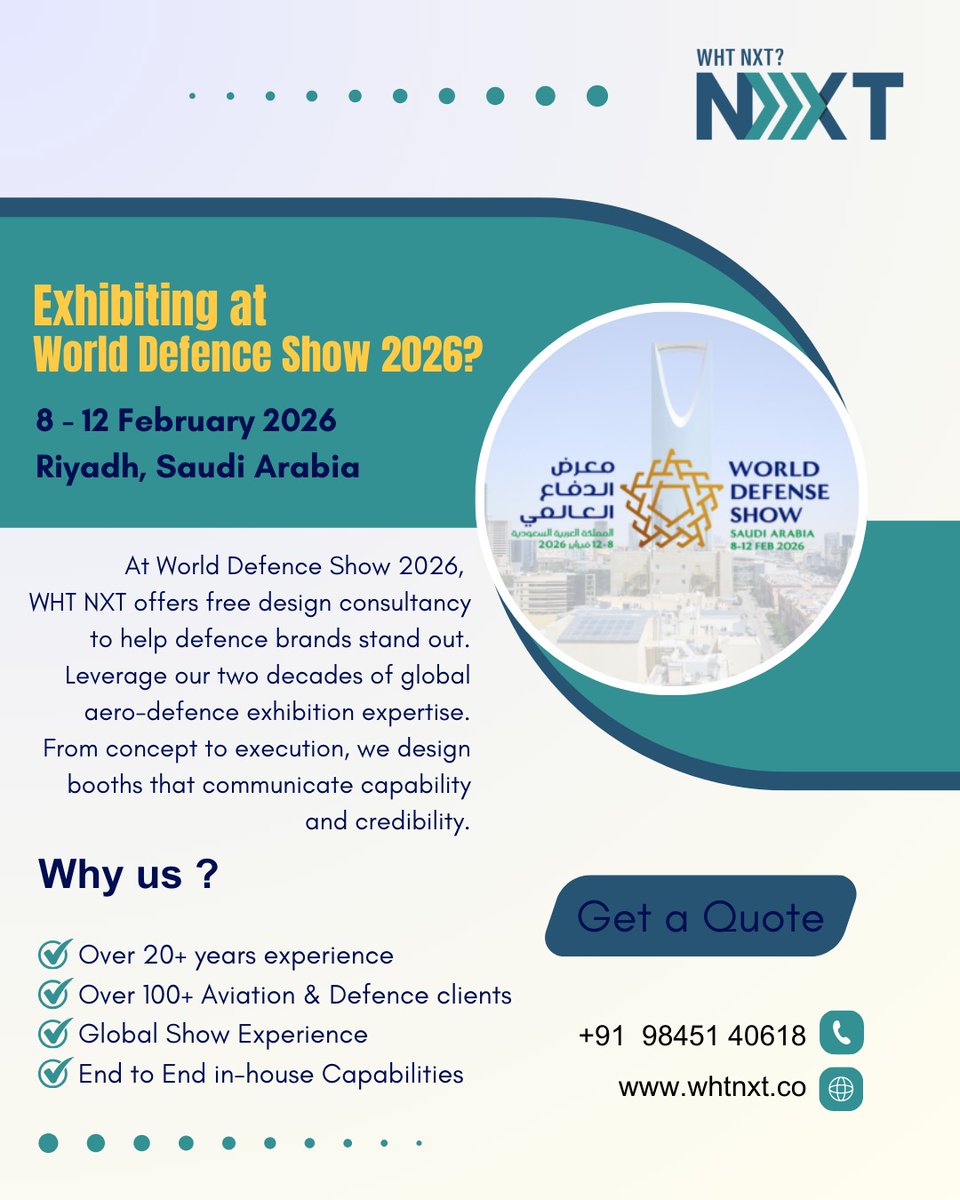TeamWHTNXT's tweet photo. Stand out with WHT NXT your trusted partner for Defence &amp; Aerospace exhibition solutions.
We’re offering FREE design consultancy to exhibitors at World Defense Show 2026, Riyadh
#Worldfenseshow #teamwhtnxt #whtnxt #stalldesign

📍 World Defence Show 2026
 https://t.co/VaP2A7HulZ https://t.co/HVmIoK2el6