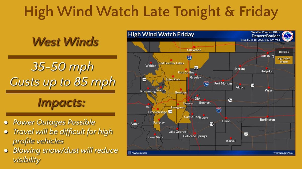 Strong winds gusts to 85 mph will be possible late tonight in the Front Range Mountains and foothills. The strong winds spread east onto to the lower elevations west of I-25 Friday. Expect scattered power outages, strong cross winds, and blowing snow/dust. #cowx