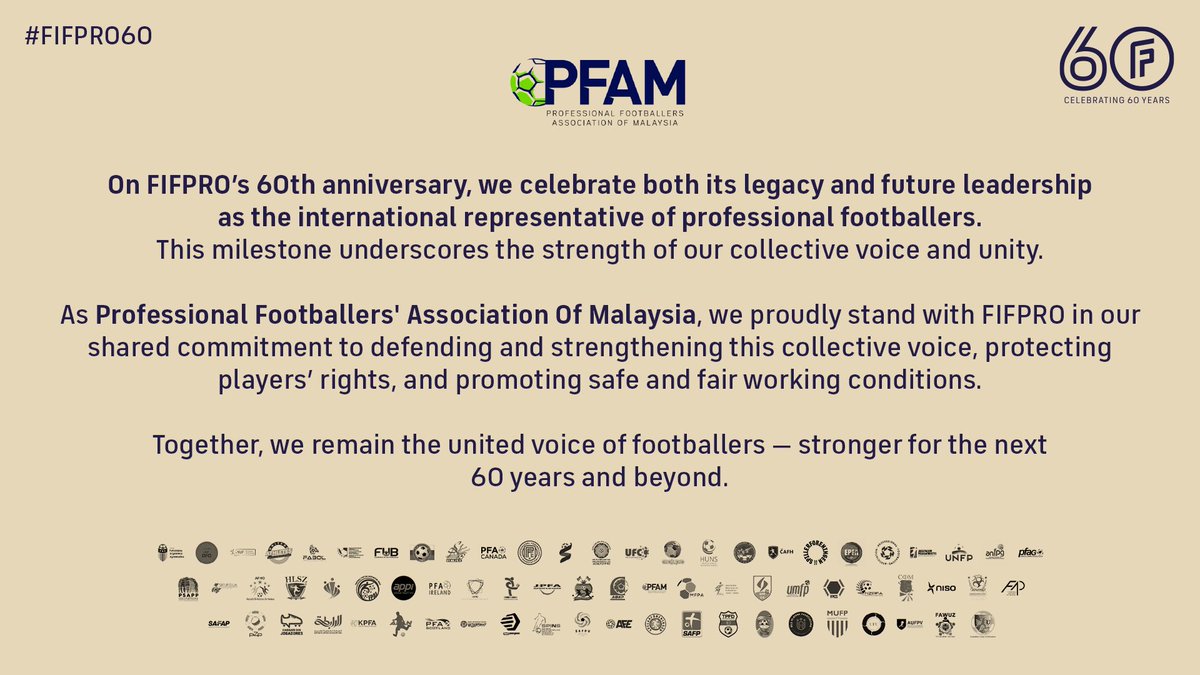 As FIFPRO marks 60 years, we stand proudly with our global union family — united in defending players’ rights, safety, and dignity across the world. Here’s to the next 60 years of collective purpose and solidarity. #FIFPRO60

#PFAMalaysia
#SupportingThePlayers
#BuildingTheGame