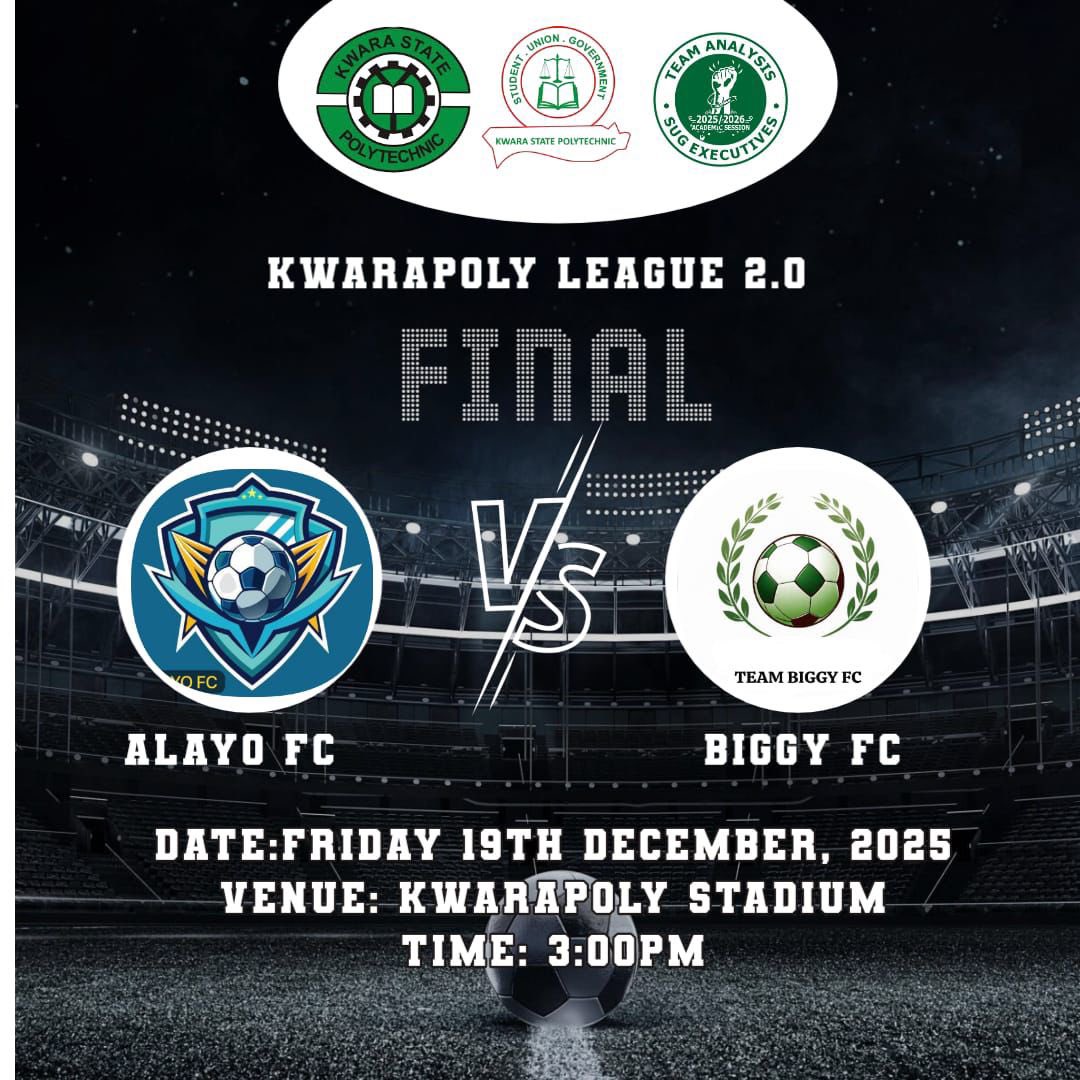 KWPolySports's tweet photo. KWARA POLY LEAGUE SEASON 2  
THE GRAND FINAL IS HERE 🔥🏆

ALAYO FC 🆚 BIGGY FC

The stage is set for the biggest match of the season, two warriors, one trophy!

🗓️ Friday, 19th December 2025
🕒 3:00 PM
🏟️ Kwara Poly Open School Field https://t.co/GnznSOfYnq
