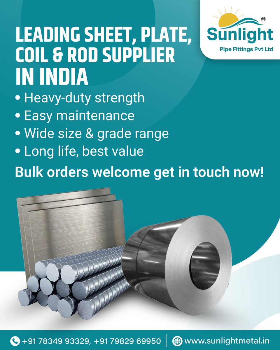 PipeSunlight's tweet image. Leading Sheet, Plate, Coil &amp;amp; Rod supplier in India

👉 Contact Us:
📞 +7834993329
🌐 sunlightmetal.in

#sunlightpipefittings #StainlessSteel #SteelSheets #SteelPlates
#SteelCoils #SteelRods #MetalProducts