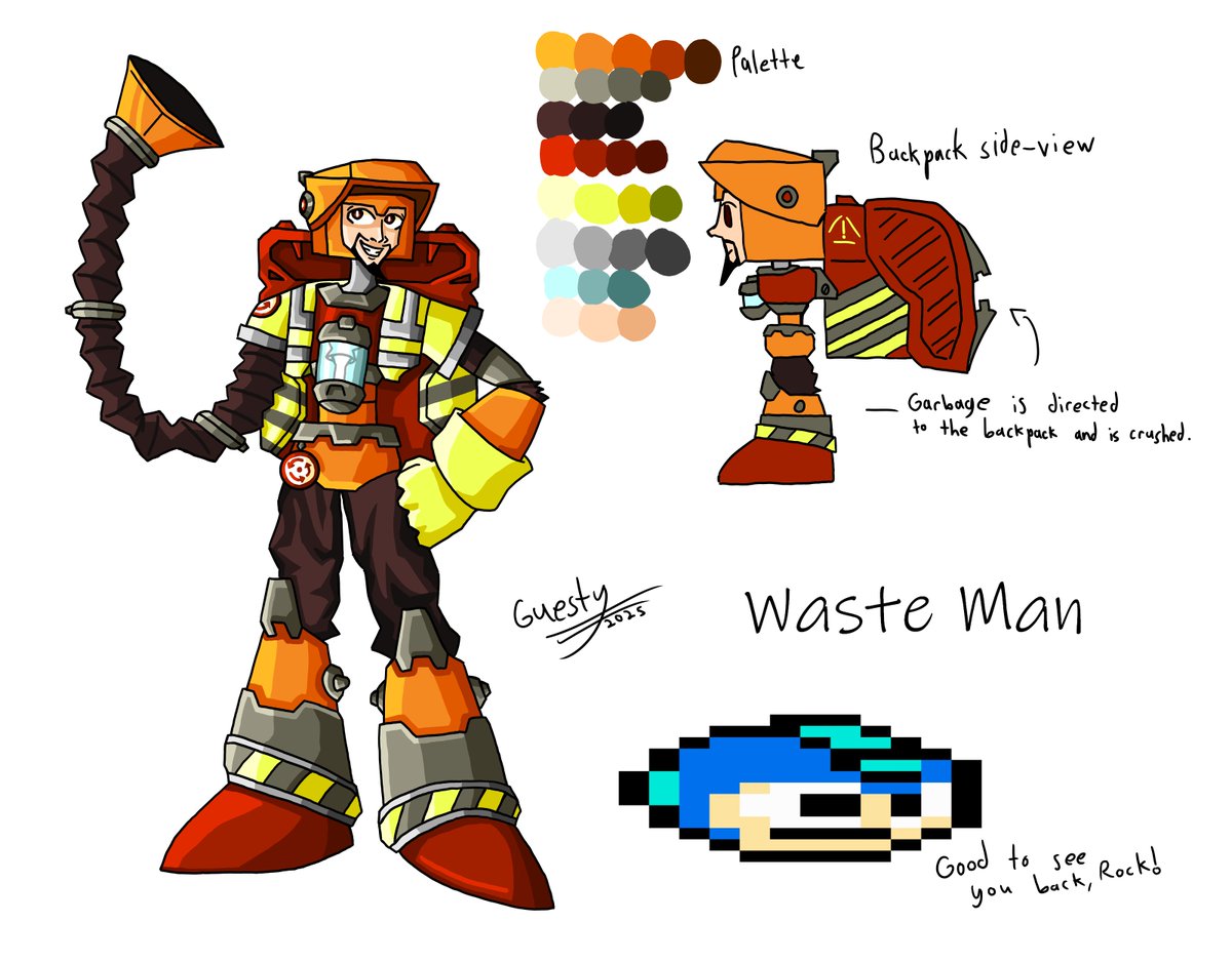 GuestyQuest's tweet photo. ROBOT MASTER DESIGN - Waste Man!
With him in the room, you can bet that not even a speck of dust would be left unchecked. Waste Man could collect solid waste and fine particles, and weaponize them to serve his will!

Designer: guestyquest

#MegaManDO #DesignARobotMaster https://t.co/ELbvwSEAVA