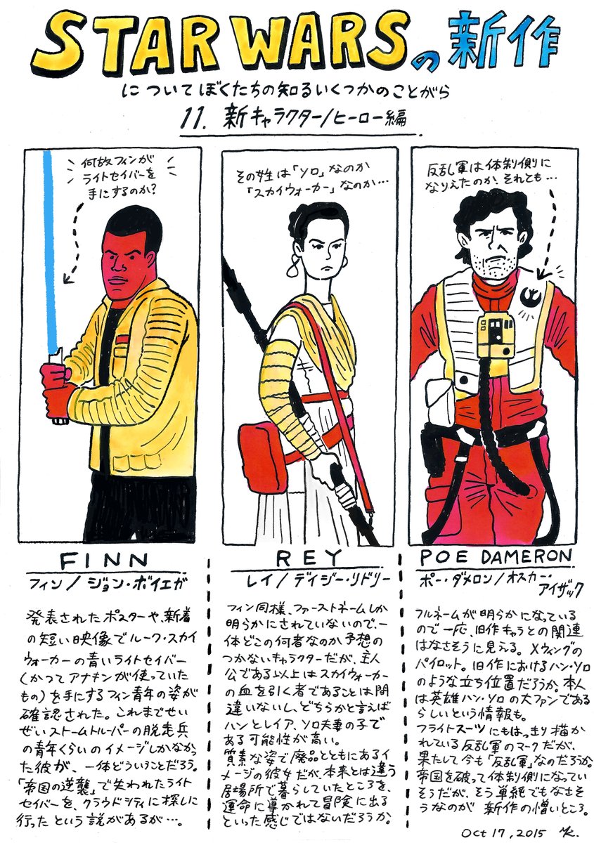 新情報が出るたびに描いていたEP7メモ。頼まれもしないのによく描いていたなあ(若さかな…)。なにかに取り憑かれていたのではないか。ただ情報の速さがEP3の頃の比ではなく、追いかけるだけで精一杯だった。以後の作品ではあまり意義を感じなくなったのか、こういうことはやっていない。