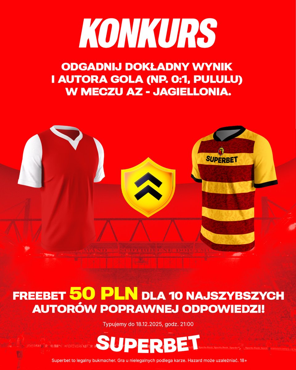 #KONKURS! Wytypuj w odpowiedziach dokładny wynik oraz autora gola ⚽️ w meczu AZ - Jagiellonia i zgarnij freebet!
-- 
✅ Zaobserwuj <a href="/SuperbetPL/">Superbet</a>
❤️ Polub wpis i 🔄 podaj go dalej 
👤 Dodaj nick z Superbet 
🎁 Nagroda = FREEBET 50 PLN
Regulamin: sprbt.pl/RegulaminSuper…