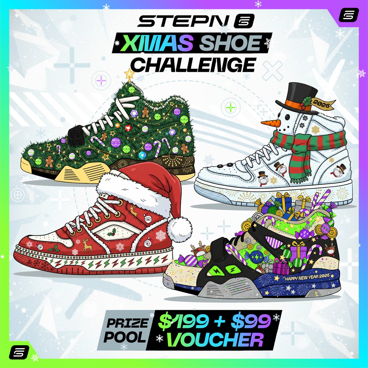 🎄⚡️STEPN Xmas Sneaker Challenge🎨👟

Holiday vibes are here, and I’m excited to share a $199 + $99 FSL Merch Voucher with the community. 🎁
Unleash your imagination and design a holiday themed sneaker.👟
You can use AI image tools or any software you like. There are no limits,