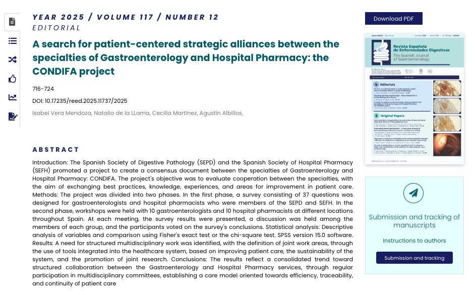 sepdigestiva's tweet photo. Avanzar hacia una atención más eficiente pasa por trabajar juntos. El proyecto #CONDIFA, impulsado por la @sepdigestiva y la @sefh_ , refuerza la colaboración entre gastroenterología y farmacia hospitalaria con un objetivo claro: mejorar la atención al paciente y optimizar el uso de los medicamentos.
Los resultados muestran la necesidad de consolidar un modelo multidisciplinar estructurado, con áreas de actuación compartidas y participación activa en comités multidisciplinares.
📄 Descubre el proyecto completo en la @REEDigestivas_ https://t.co/oEubCKBtn6