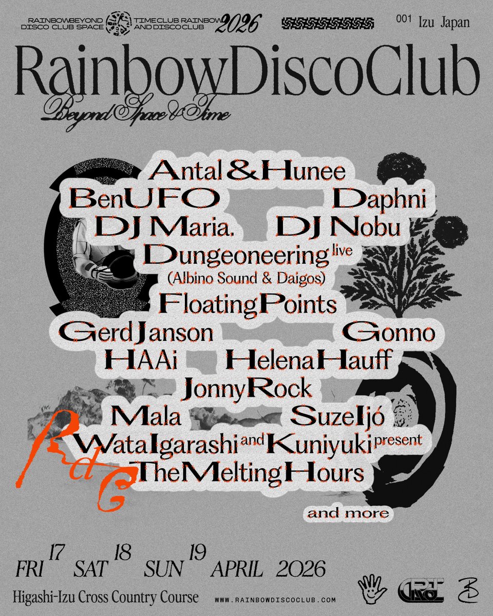Rainbow_Disco's tweet image. Rainbow Disco Club 2026
第2弾ラインナップを公開 

2026年4月17日（金）、18日（土）、19日（日）
静岡県東伊豆クロスカントリーコース
🎫 rainbowdiscoclub.zaiko.io/e/rdc2026

Antal &amp;amp; Hunee
Ben UFO
Daphni
DJ Maria.
DJ Nobu
Dungeoneering (Albino Sound &amp;amp; Daigos) (live) 
Floating Points
Gerd Janson…