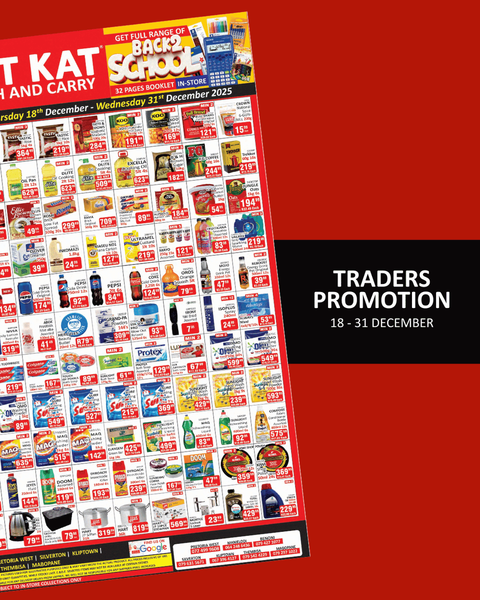 KitKatGroupSA's tweet image. Traders, it’s your time to stock up. 🛒
For the next two weeks, enjoy deals designed to keep your shelves full and your margins happy.

Valid at Pretoria West, Silverton, Kliptown, Benoni, Mamelodi Thembisa &amp;amp; Mabopane
T’s &amp;amp; C’s Apply