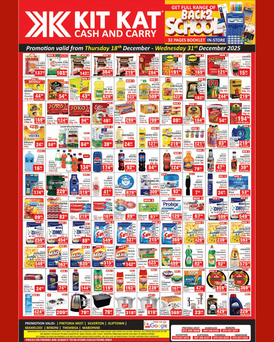 KitKatGroupSA's tweet image. Traders, it’s your time to stock up. 🛒
For the next two weeks, enjoy deals designed to keep your shelves full and your margins happy.

Valid at Pretoria West, Silverton, Kliptown, Benoni, Mamelodi Thembisa &amp;amp; Mabopane
T’s &amp;amp; C’s Apply