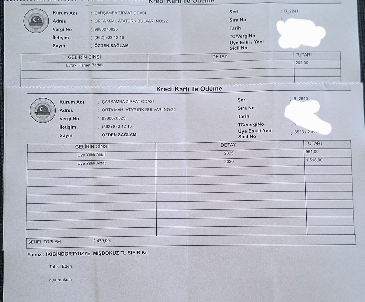 Çiftçiye hiç bir faydası olmayan, Ziraat odasının Çiftçi kayıt sistemi (ÇKS) için benden tahsil ettiği tutar. Birde evrak hizmet bedeli alıyorlar. İşin ilginci,  Tarım Bakanlığı da e-devlet üzerinden yaptığımız ÇKS işlemlerini durdurmuş. Neden acaba? 
<a href="/TCTarim/">T.C. Tarım ve Orman Bakanlığı</a>
<a href="/ziraatodalari/">TZOB</a>