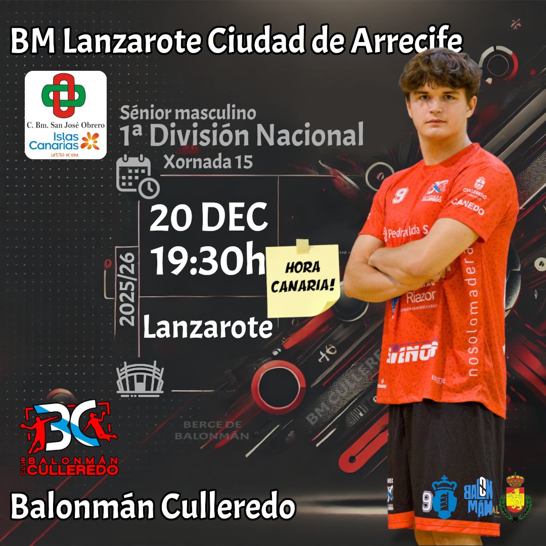 Temos partido:
🤾‍ <a href="/BMSanJoseObrero/">C.D.Balonmano San Jose Obrero</a>   - BM Culleredo
📅 Sábado, 20/12/2025, 19:30h (hora canaria)
📍 Lanzarote
📺 youtube.com/@cbmsanjoseobr…