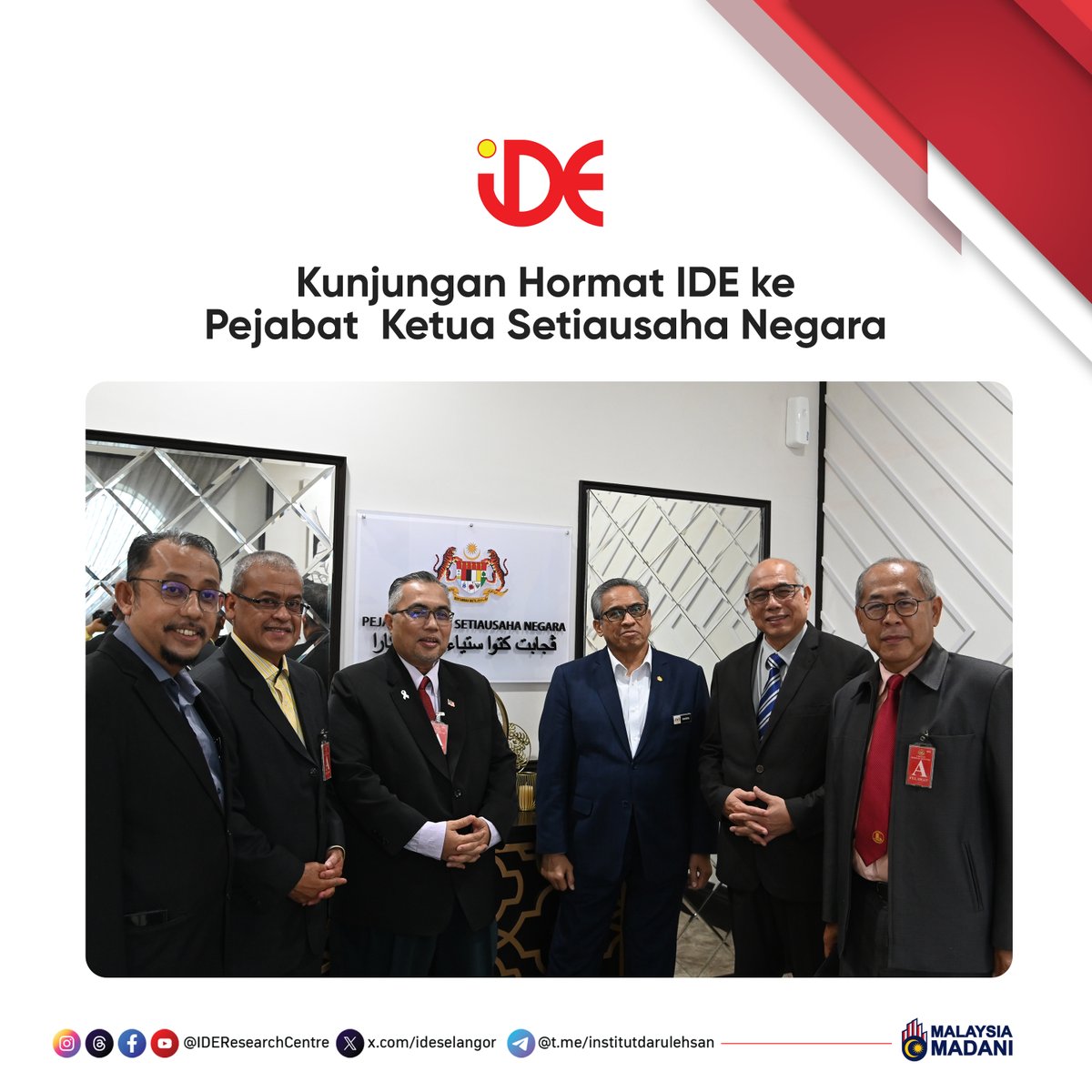 IDE Research Center telah mengadakan Kunjungan Hormat ke Pejabat Ketua Setiausaha Negara pada 17 Disember 2025 di Putrajaya.

Berita: iderc.my/kunjungan-horm…

#MADANIBekerja